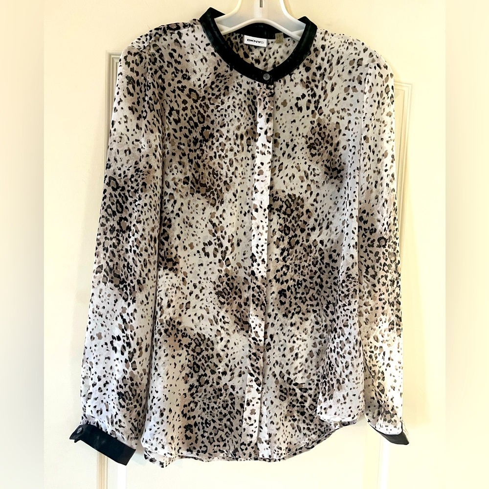DKNYC White Semi Sheer Button Down Blouse Faux Leather Trim Women’s S